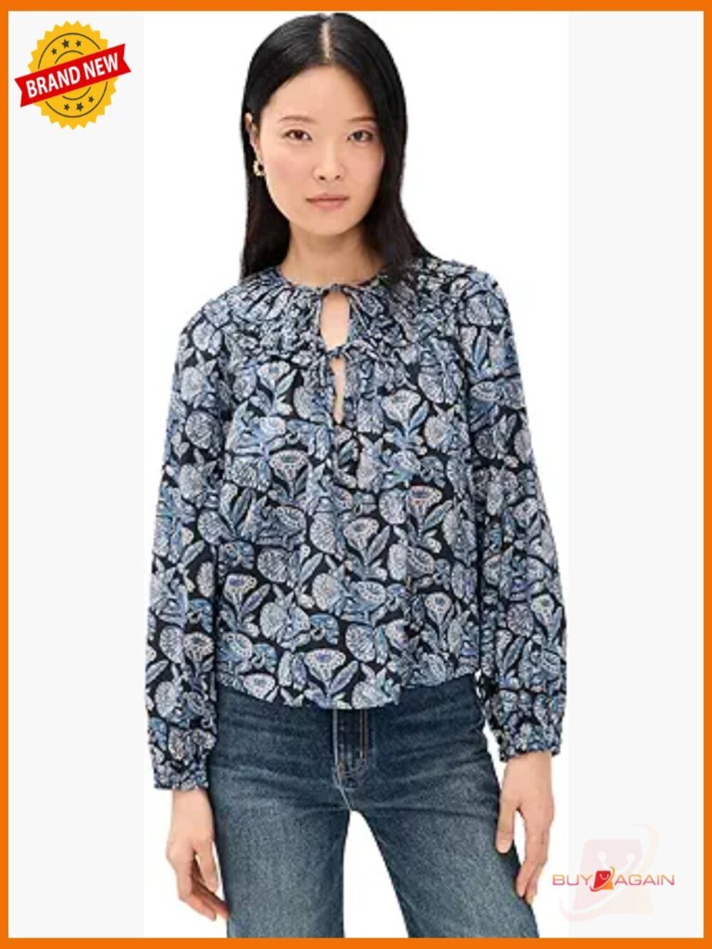 Floral Print Long Sleeve Blouse with Split Neckline and Elastic Cuffs